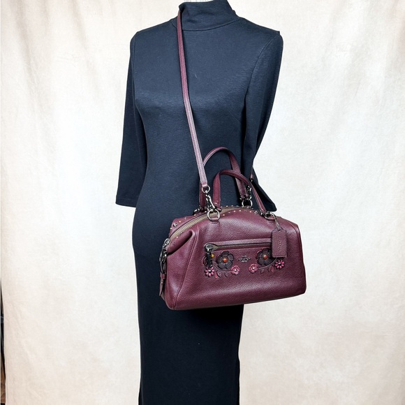 Coach Primrose Willow Floral Appliqué Leather Satchel Oxblood Gunmetal Hardware - Picture 8 of 17